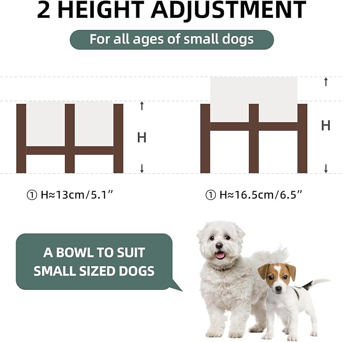 Ceramic 6.1inch Raised Dog and Cat Bowl Set, 2 Heights Elevated with Acacia Wood Stand, Food and Water Bowl for Small Breed Dogs, Weighted Dog Dishes(27oz, Arctic White)