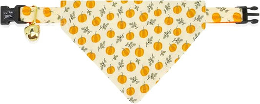 Ultra Joys Breakaway Cat Collar With Bells - For Boys & Girls, Kittens - With Bandana Pumpkin Small