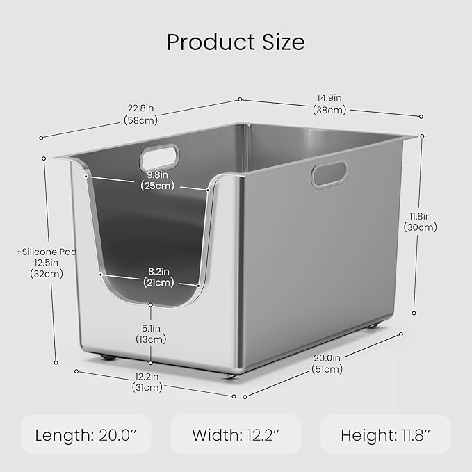 Stainless Steel Litter Box 11.8'' High Sides, XL Metal Cat Litter Box with Curved Low Entry, Cat Litter Pan for Big & Multiple Cats, Pet Toliet with Handy Wheels for Easy Moving