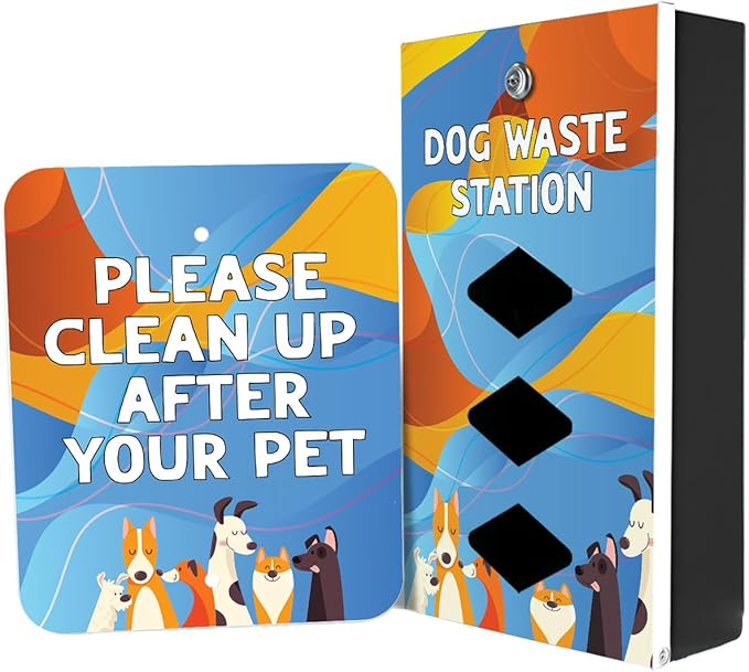 DISPENSE-ART™ collection "Abstract Dogs" - Custom UV printed design on rust-proof aluminum starter dog waste station/roll bag system - Includes 400 dog waste bags & 10x12 Sign