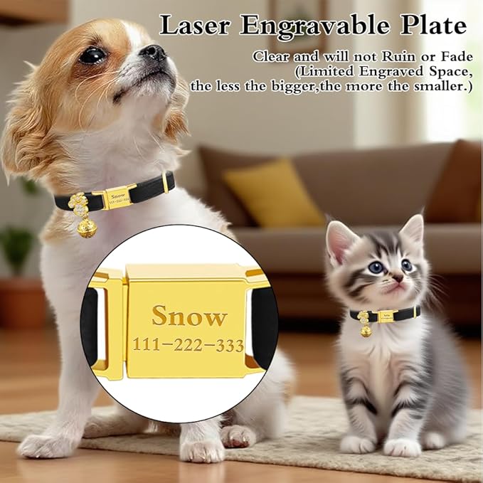 Personalized Breakaway Cat Collars - Magnetic Buckle, Bell - Safety Quick Release, Customized for Girls & Boys Cats- (Velvet-Black)