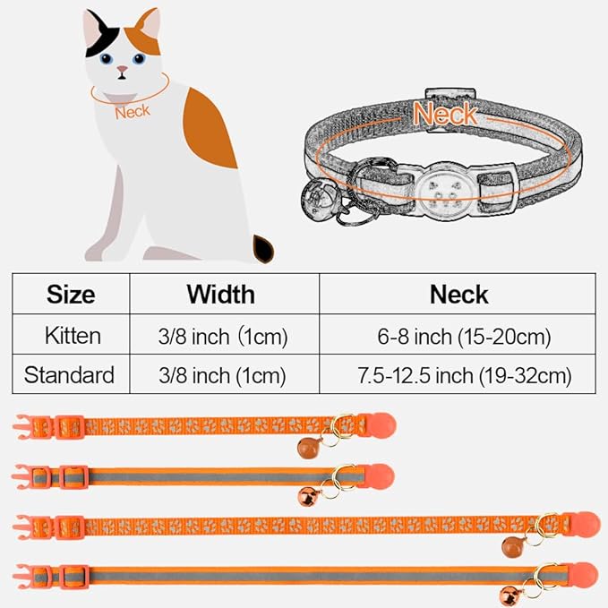 Taglory Reflective Cat Collar Breakaway with Bells, 2 Pack Girl Boy Pet Cat Collar Adjustable 7.5-12.5 Inch, Orange