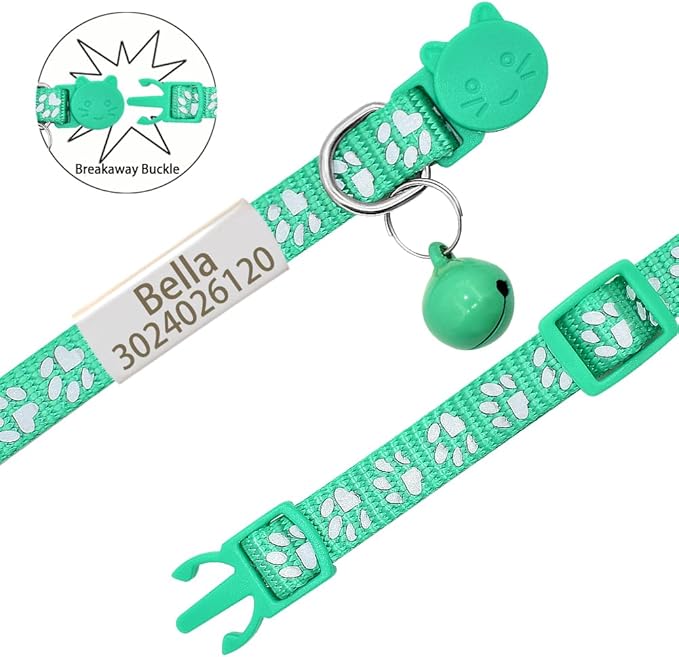 Personalized 2 Pack Reflective Cat Collar,Custom Breakaway Cat Collars with Name Tag and Bell,Anti-Lost Nameplate Cat Collar for Girls & Boys (Green,fit 8''-11.0'')
