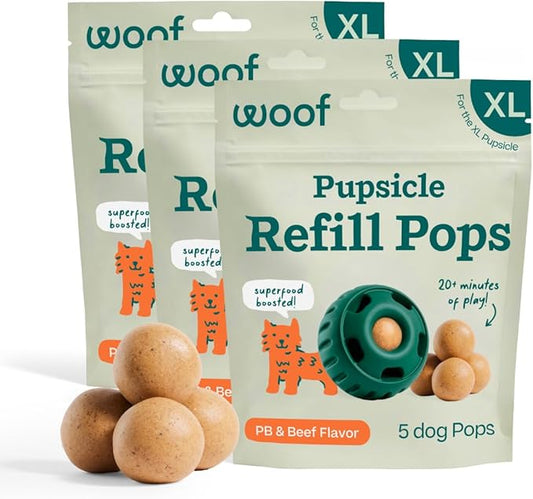 WOOF Pupsicle Refill Pops, Delicious Long Lasting Dog Treats, Pre-Made Pupsicle Refills for Dogs, Wholesome Ingredients, Low-Mess Beef Pet Treats - XL Pops - 5 Count - 3 Pack