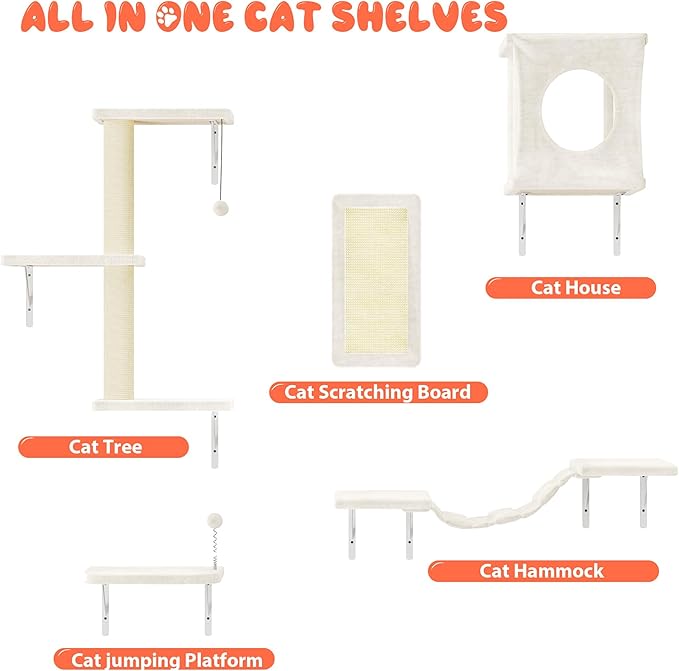 10-in-1 Cat Wall Shelves, Wall Mounted Cat Climber Set with Kitten House, Bridge, Steps, Scratcher, DIY Playground for Indoor Kitten Furniture Set, Beige