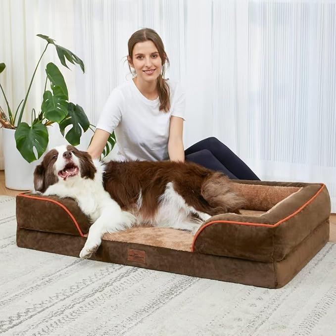 Comfort Expression Orthopedic Dog Bed for Large Dogs 36x27 Inch, Waterproof Supportive Memory Foam Large Pet Bed with Removable Bolsters, Dog Couch with Washable Cover & Non-Slip Bottom, Khaki Brown