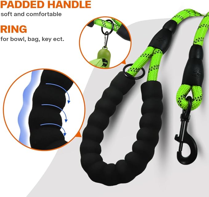Taglory Rope Dog Leash 4 FT with Comfortable Padded Handle, Highly Reflective Threads Leash for Small Dogs, 3/8 inch, Green