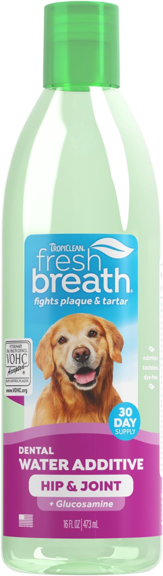 TropiClean Fresh Breath Water Additive for Dogs with Glucosamine, Hip and Joint Support for Dogs, Breath Freshener & Teeth Cleaning Solution, 16oz.
