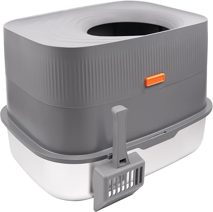 Enclosed Stainless Steel Cat Litter Box, Oversized Enclosed Cat Litter Box with Top Entry,Includes Litter Scoop,Sturdy, Suitable for Medium and Large Cats (Grey)