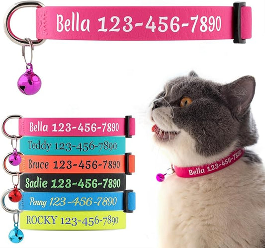 Personalized Cat Collars with Name and Phone Number |Custom Cat Collar with Breakaway Safety Release Buckle and Bells | Cute Waterproof PVC ID Collar for Boy and Girl Kitten Cat