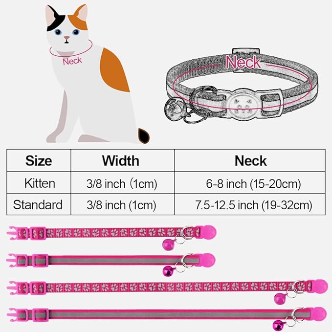 Taglory Reflective Cat Collar Breakaway with Bells, 2 Pack Girl Boy Pet Cat Collar Adjustable 7.5-12.5 Inch, Hotpink