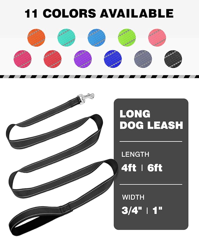 4FT Reflective Nylon Dog Leash with Soft Padded Handle for Walking, Running and Training, Supports Small Medium and Large Dogs (Black, 3/4 Inch Wide)