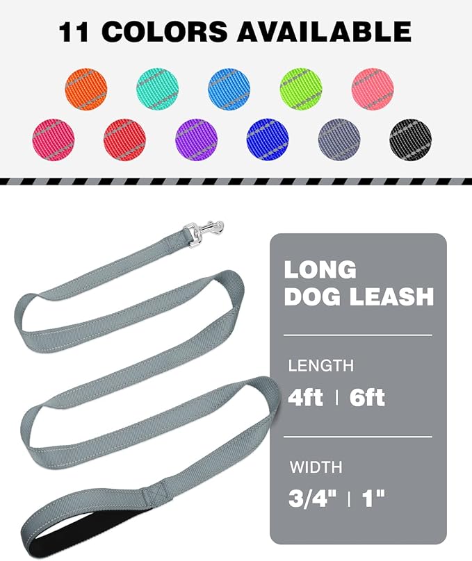 6FT Reflective Nylon Dog Leash with Soft Padded Handle for Walking, Running and Training, Supports Small Medium and Large Dogs (Grey, 1 Inch Wide)