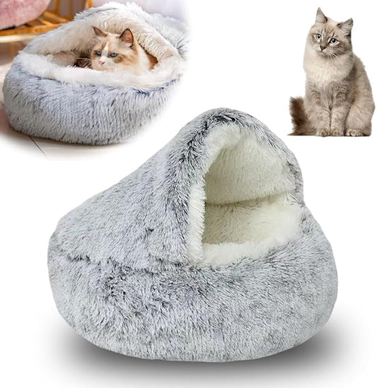 2026 New Plush Cat Nest Bed Cave, Cat Beds for Indoor Cats, Cozy Fluffy Pet Bed, Portable Round Plush Hooded Cats Cave, Washable Soft Puppy Bed for Pet Owners (Grey, Small)