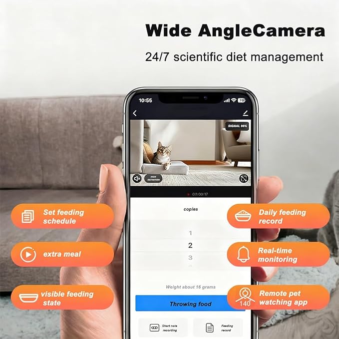 Auto Pet Feeder with Camera & App, 4.5L Automatic Dog and Cat Feeder, 12-Meal Programmable Dispenser with 10s Voice Recorder (White)