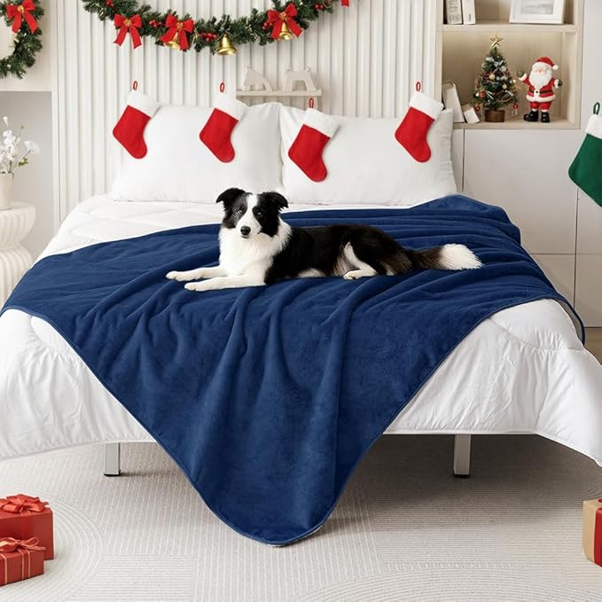 Smiry Waterproof Dog Bed Blanket, Leakproof Pet Throw Blanket for Bed Couch Sofa, Reversible Sherpa Fleece Furniture Protector Cover for Small Medium Large Dogs Cats (Navy Blue, 60x80 inches)