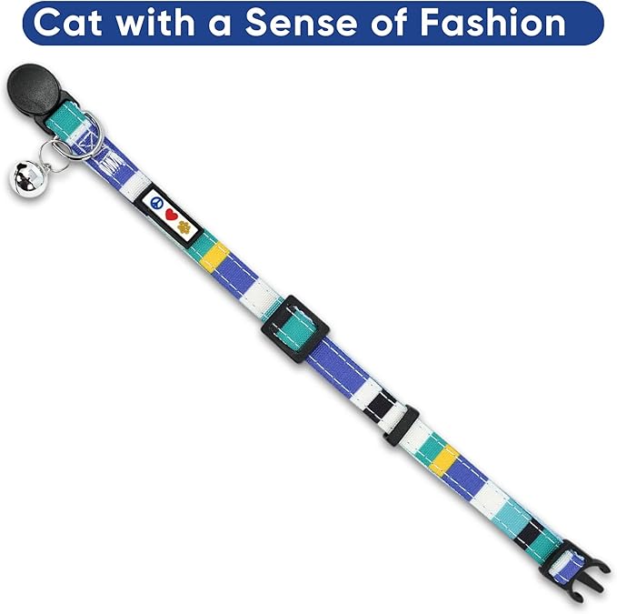 Pawtitas Personalized Cat Collar with Safety Buckle and Removable Bell - Multicolor, Adjustable, Customized Cat Collar - Blue/Teal/Yellow