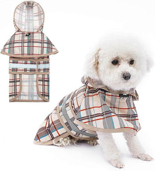 KOOLTAIL Dog Raincoat Hooded Slicker Poncho with Leash Hole, Raincoat for Small Medium Dogs, Waterproof Doggie Rain Jacket with Reflective Strip, Adjustable Breathable Plaid Puppy Rainwear-Beige M