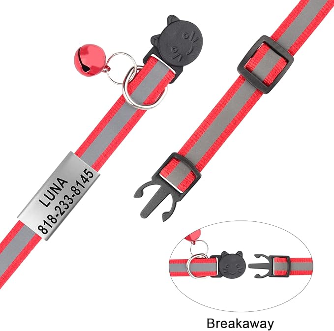 Cat Collar Personalized - Breakaway Reflective Cat Collar with Bell-Custom Cat Collars Engraved with Name and Phone, Adjustable for Cats and Kitten