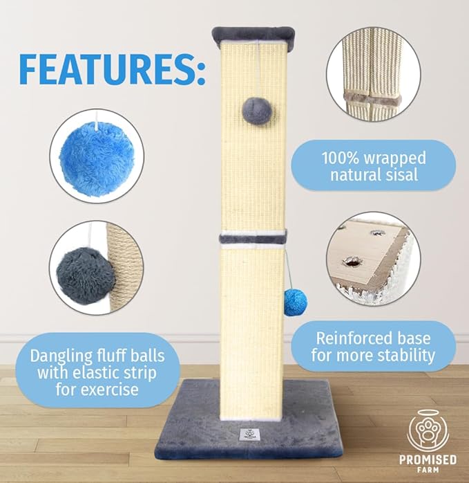 Tall Cat Scratching Post 32 Inches - Protects Furniture - Durable and Sturdy Design - Aesthetic Cat Accessories Essentials Grey/Blue
