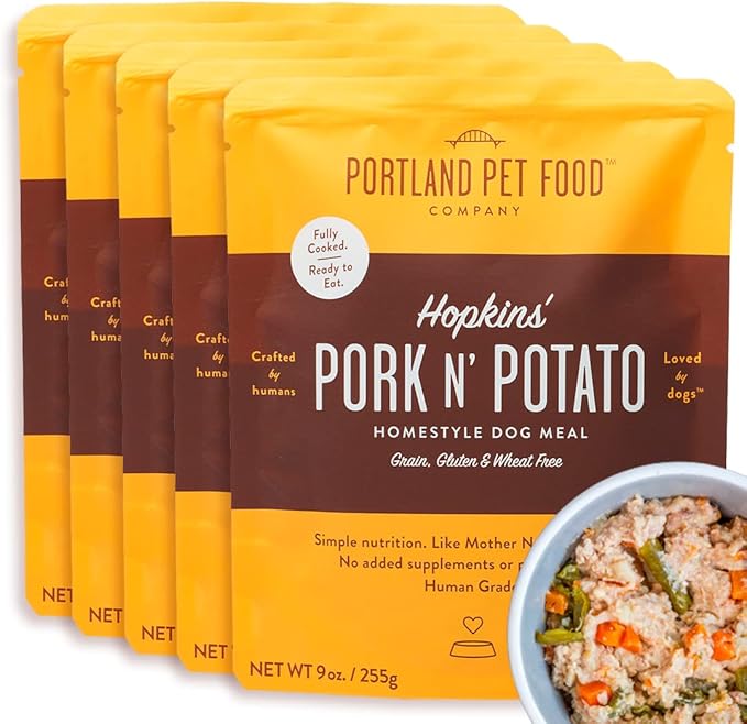 Portland Pet Food Company Fresh Dog Food Pouches - Human-Grade Toppers Wet Meal & Mixers - Grain-Free, Limited Ingredient Hopkin's Pork N’ Potato - Small & Large Breed Puppy & Senior Dogs - 5 Pack