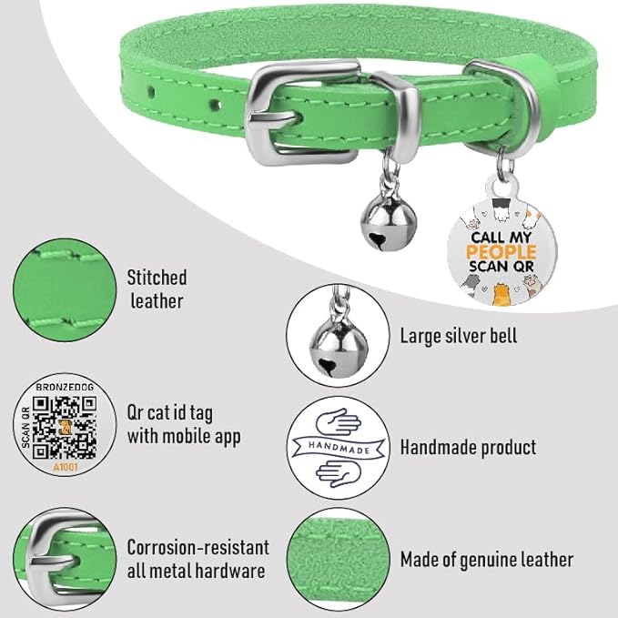 BRONZEDOG Leather Cat Collar with Removable Bells Non Breakaway Kitten QR Tag for Girl Boy (9" - 12" Cats/Mini Dogs, Green & Silver)