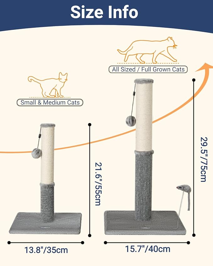 Happi N Pets Cat Scratching Post, Cat Scratcher for Kittens or Medium Cats, Sisal Scratch Post & Carpet Post in One, Stable Kitten Scratching Post with Replaceable Toy, Extra Free Toy, Light Gray