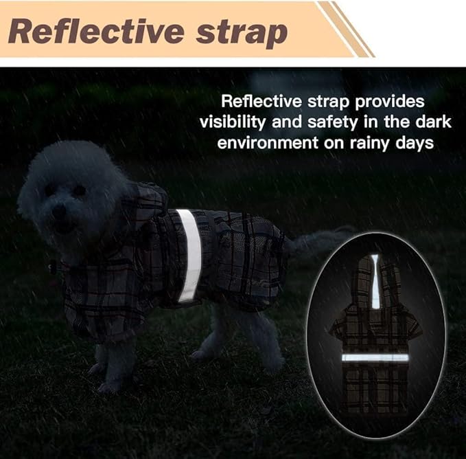 KOOLTAIL Dog Raincoat Hooded Slicker Poncho with Leash Hole, Raincoat for Small Medium Dogs, Waterproof Doggie Rain Jacket with Reflective Strip, Adjustable Breathable Plaid Puppy Rainwear-Beige ML
