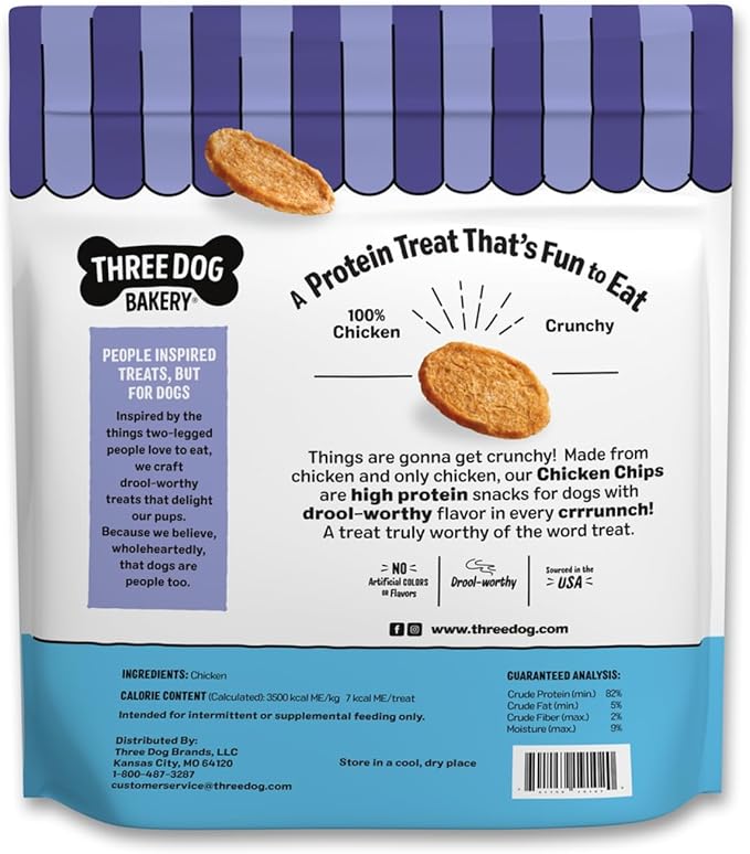 Three Dog Bakery Bark’N Crunch! Chicken Chips, Large 15oz, Crunchy Dog Treats, Single Ingredient, High Protein Snacks, Chicken Treats, Low Calorie Healthy Training Treat, Made in The USA