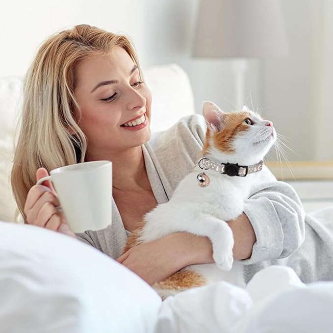 2PCS Breakaway Cat Collars with Bell Cute Kitty Glow in The Dark Adjustable Kitten Collars 7.9-13.0 Inch(Grey&Black)