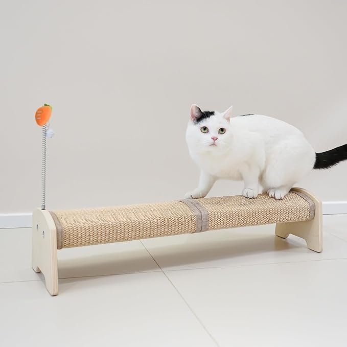 PETKARAY Horizontal Scratching Post, 30" Sisal Cat Scratch Pad, Large Floor Mounted Cat Scratcher with Spring Toy, Protect Furniture for Indoor Kitten