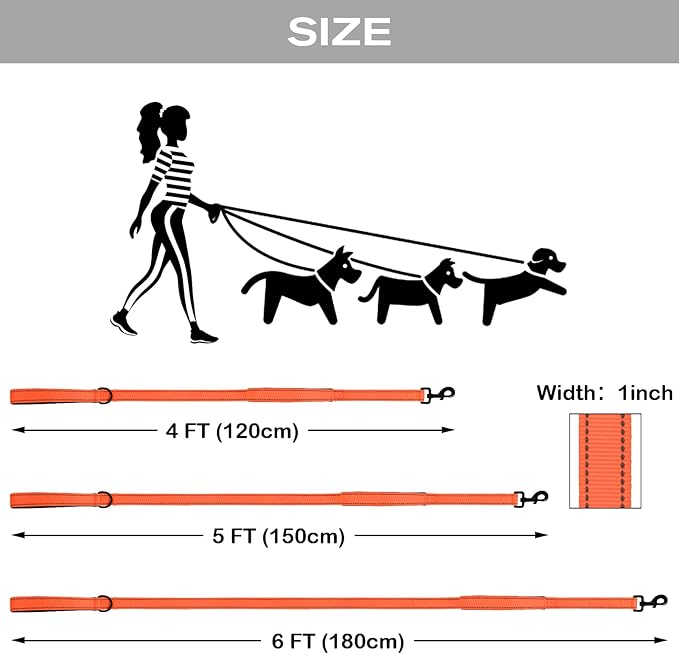 Joytale Dog Leash Heavy Duty for Large Dogs That Pull, Double Handle for Traffic Control, Double-Sided Reflective Leashes for Large Medium Dogs Night Safety, 6FT, Orange