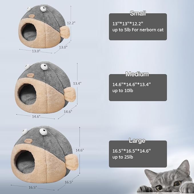 Cat Beds for Indoor Cats - Cat Bed Cave with Removable Washable Cushioned Pillow, Soft Plush Premium Cotton No Deformation Pet Bed, Lively Pufferfish cat House Design, Grey, Multiple Sizes