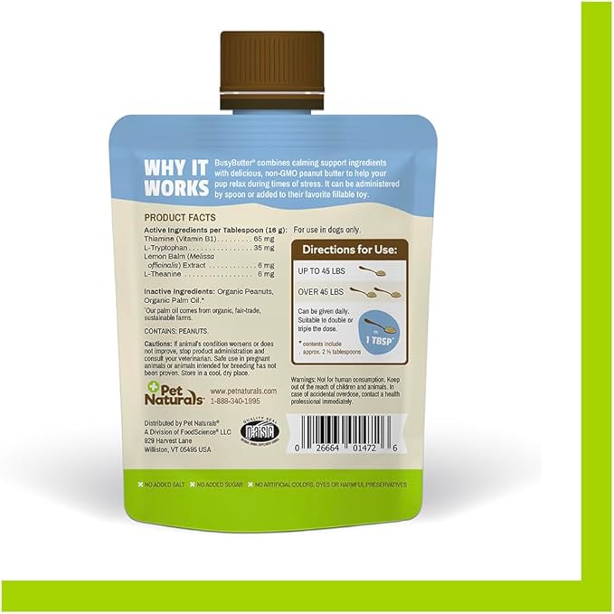 Pet Naturals BusyButter Easy Squeeze Calming Peanut Butter for Dogs, 6 Pouches - Great for Treats, Lick Mats, Training, Calming, and Occupier Toys