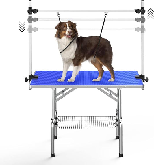 Lyromix Dog Grooming Table For Large Dog, 46'' Adjustable Pet Grooming Table, Foldable Dog Grooming Station With Arms, Noose, Mesh Tray, Maximum Capacity Up to 300Lb, Blue