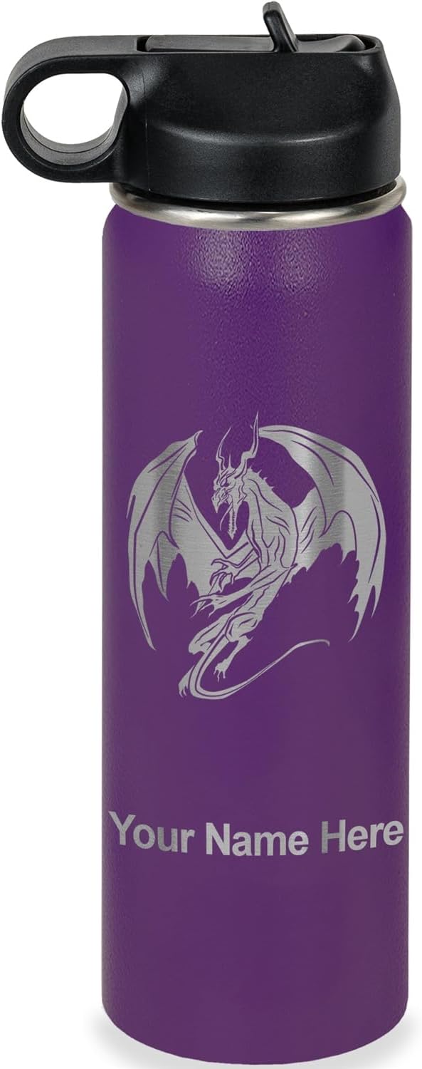 LaserGram Personalized Water Bottle, Dragon, Stainless Steel Double Wall Vacuum Insulated with Flip Top Straw, Custom Engraved Gift (20oz / 590ml Dark Purple)