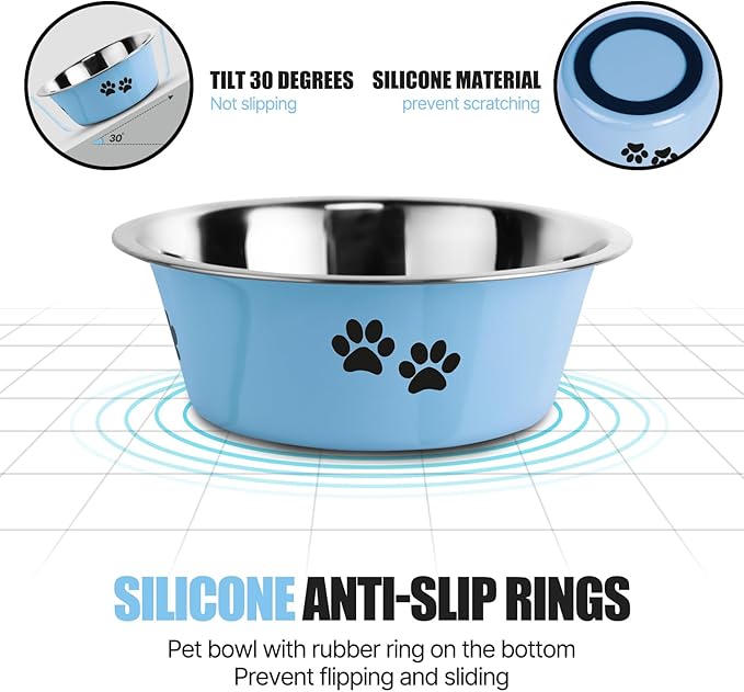 Stainless Steel Dog Bowls, Nonslip Rubber Bottom No Spill Proof Skid Metal Insulated Dog Bowls for Large Medium Small Breed Dogs (Blue, 8.5 Cups/71 OZ)