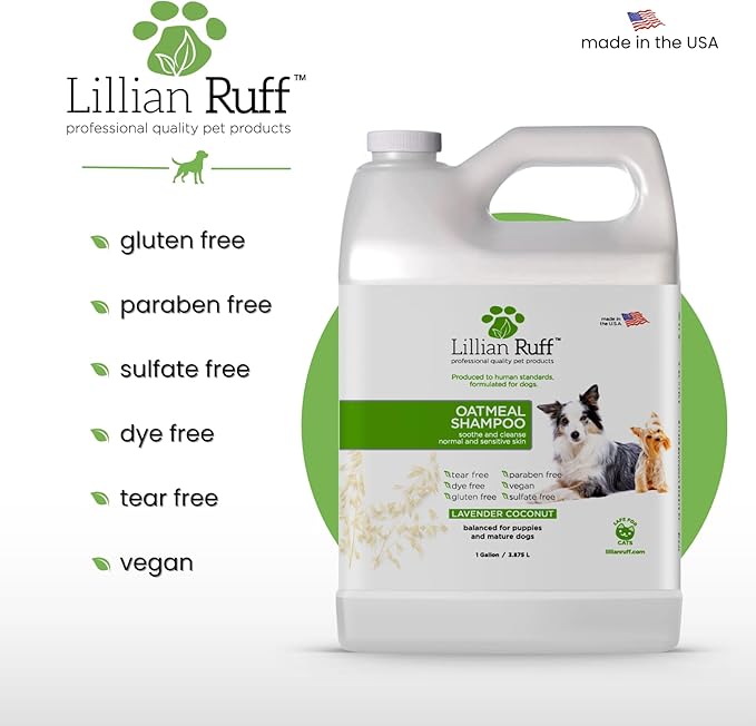 Lillian Ruff PRO Formula Deodorizing Oatmeal Dog Shampoo - Calms Itching & Allergies, Ultra-Nourishing Dry Skin Relief - Oatmeal, Aloe, Coconut Oil, Lavender & Provitamin B5 - Made in USA Gallon+Pump