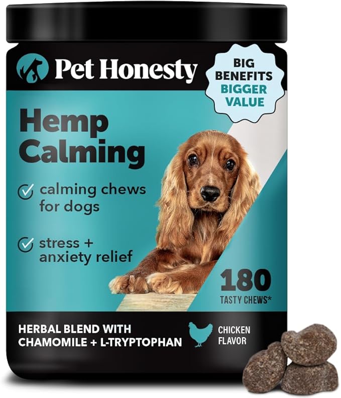 Natural Hemp Calming Chews for Dogs - Calming Aid Supplement for Occasional Anxiousness with Valerian Root, Chamomile, + Magnesium - Stress, Separation & Thunder Support - (Chicken, 180 Count)