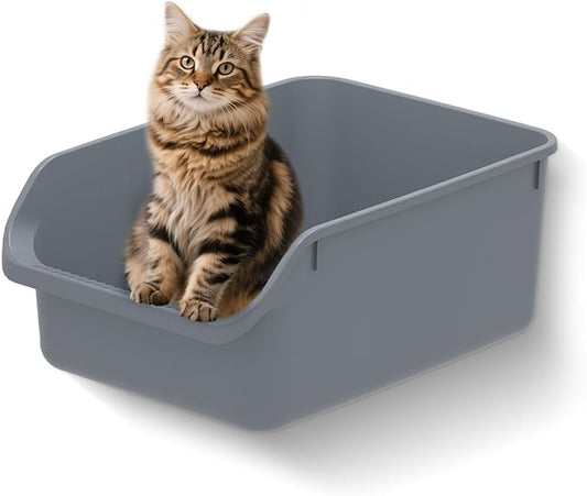 Large Cat Litter Box with High Sides,Durable Open Top Cat Litter Pan for Kitty,Plastic Indoor Big Cat Box with High Wall,Senior Cat Toilet with Low Entry,Easy to Clean,Anti-Splashing(Grey)