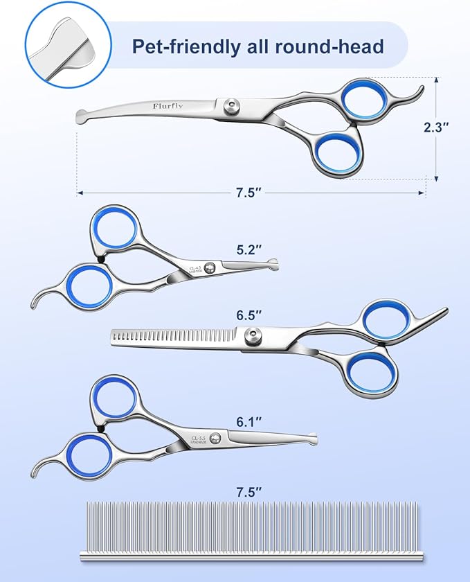 6-in-1 Dog Grooming Scissors - Professional Stainless Steel Hair Cutting Kit with Safety Rounded Tips, Ergonomic Soft-Grip Handles for Small & Large Dogs, Cats