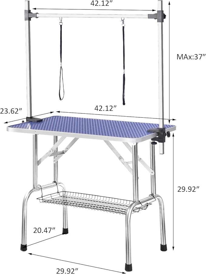 SoarFlash Pet Dog Grooming Table Foldable,Heavy Duty Foldable Pet Grooming Table with Arm & Noose & Mesh Tray, Maximum Capacity Up to 330lbs, 42inch, Blue