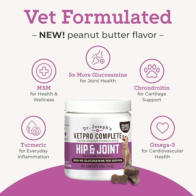 VetPro Complete Dr. Joseph's Peanut Butter Hip and Joint Dog Chews, 60 Count, Pain and Inflammation Relief with Glucosamine, Chondroitin, MSM, Turmeric, Vitamin C, Omega 3, Treats Hip Dysplasia