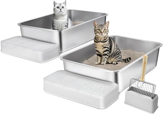 VEVOR 6'' Deep Stainless Steel Cat Litter Box,2 Pack XL Extra Large Metal Cat Litter Box for Big Cats,Non Sticky,Odor-Free &Easy-to-Clean,Include Filtering Foot Board & Scoop
