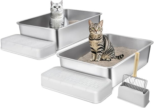VEVOR 6'' Deep Stainless Steel Cat Litter Box,2 Pack XL Extra Large Metal Cat Litter Box for Big Cats,Non Sticky,Odor-Free &Easy-to-Clean,Include Filtering Foot Board & Scoop