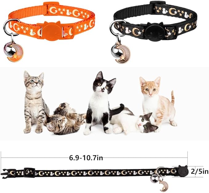 2PCS Breakaway Cat Collars with Bell Cute Kitty Glow in The Dark Adjustable Kitten Collars(Orange&Black)