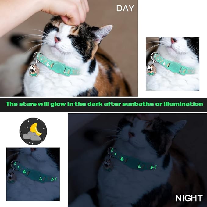 2PCS Breakaway Cat Collars with Bell Moons Stars Cute Kitty Adjustable Safe Kitten Collars with Pendant Glow in The Dark(Black&Teal)