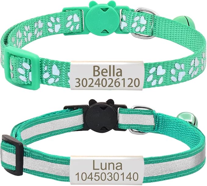 Personalized 2 Pack Reflective Cat Collar,Custom Breakaway Cat Collars with Name Tag and Bell,Anti-Lost Nameplate Cat Collar for Girls & Boys (Green,fit 8''-11.0'')