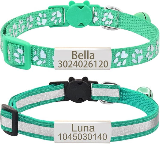 Personalized 2 Pack Reflective Cat Collar,Custom Breakaway Cat Collars with Name Tag and Bell,Anti-Lost Nameplate Cat Collar for Girls & Boys (Green,fit 8''-11.0'')