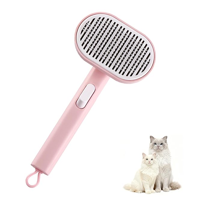 Pet Grooming Brush for Cats and Dogs, Self-Cleaning Comb with Soft Massage Bristles, Comfortable Grip Handle, Easy Hair Removal, Suitable for Long and Short Hair Pets, Pink